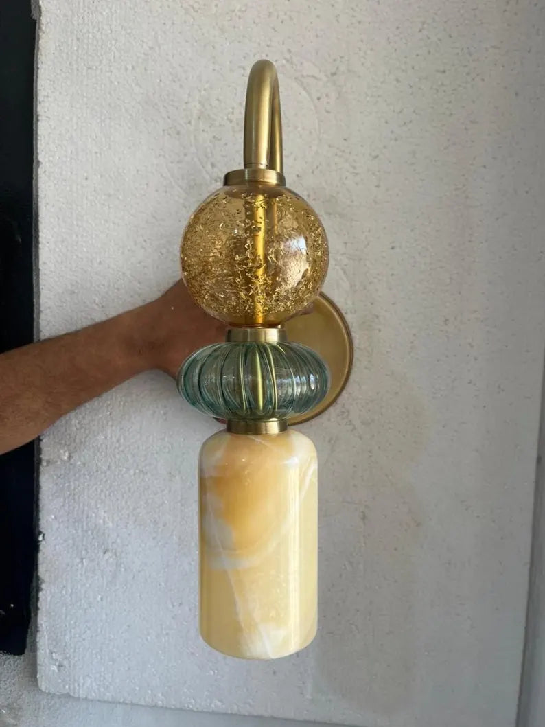 Handmade Marble & Blown Glass Wall Sconce - Murano Style Wall Light - Brass Vanity Light - Art Deco Sconce - Bathroom Light - Bedside Lamp | Les Trois Pyramides