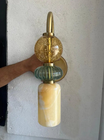 Handmade Marble & Blown Glass Wall Sconce - Murano Style Wall Light - Brass Vanity Light - Art Deco Sconce - Bathroom Light - Bedside Lamp | Les Trois Pyramides
