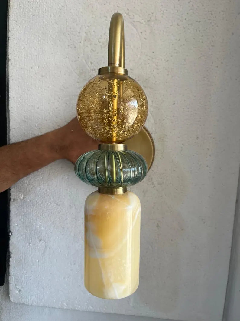 Handmade Marble & Blown Glass Wall Sconce - Murano Style Wall Light - Brass Vanity Light - Art Deco Sconce - Bathroom Light - Bedside Lamp | Les Trois Pyramides