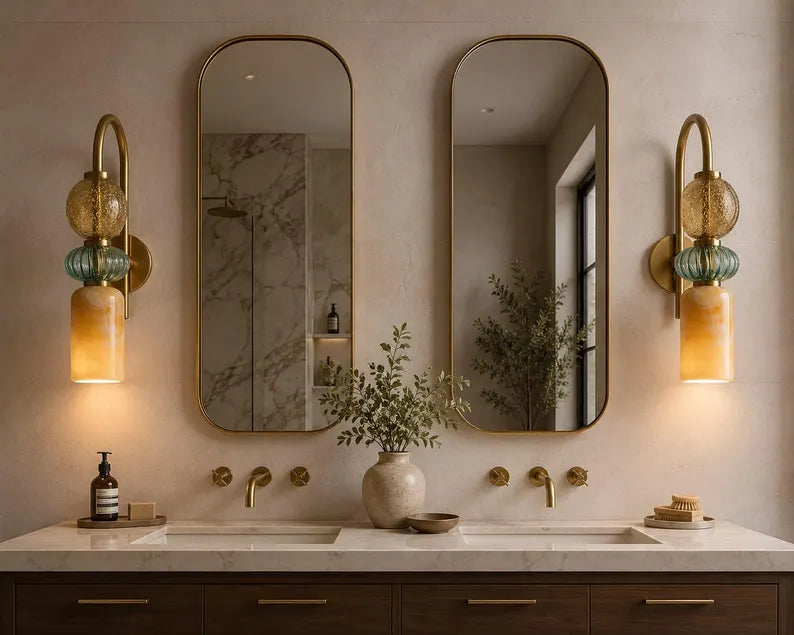 Handmade Marble & Blown Glass Wall Sconce - Murano Style Wall Light - Brass Vanity Light - Art Deco Sconce - Bathroom Light - Bedside Lamp | Les Trois Pyramides