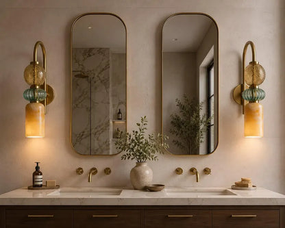 Handmade Marble & Blown Glass Wall Sconce - Murano Style Wall Light - Brass Vanity Light - Art Deco Sconce - Bathroom Light - Bedside Lamp | Les Trois Pyramides