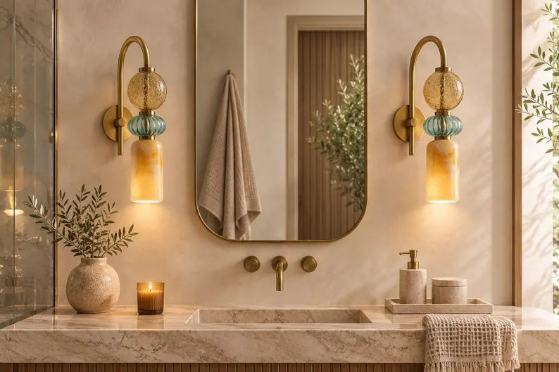 Handmade Marble & Blown Glass Wall Sconce - Murano Style Wall Light - Brass Vanity Light - Art Deco Sconce - Bathroom Light - Bedside Lamp | Les Trois Pyramides