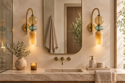 Handmade Marble & Blown Glass Wall Sconce - Murano Style Wall Light - Brass Vanity Light - Art Deco Sconce - Bathroom Light - Bedside Lamp | Les Trois Pyramides