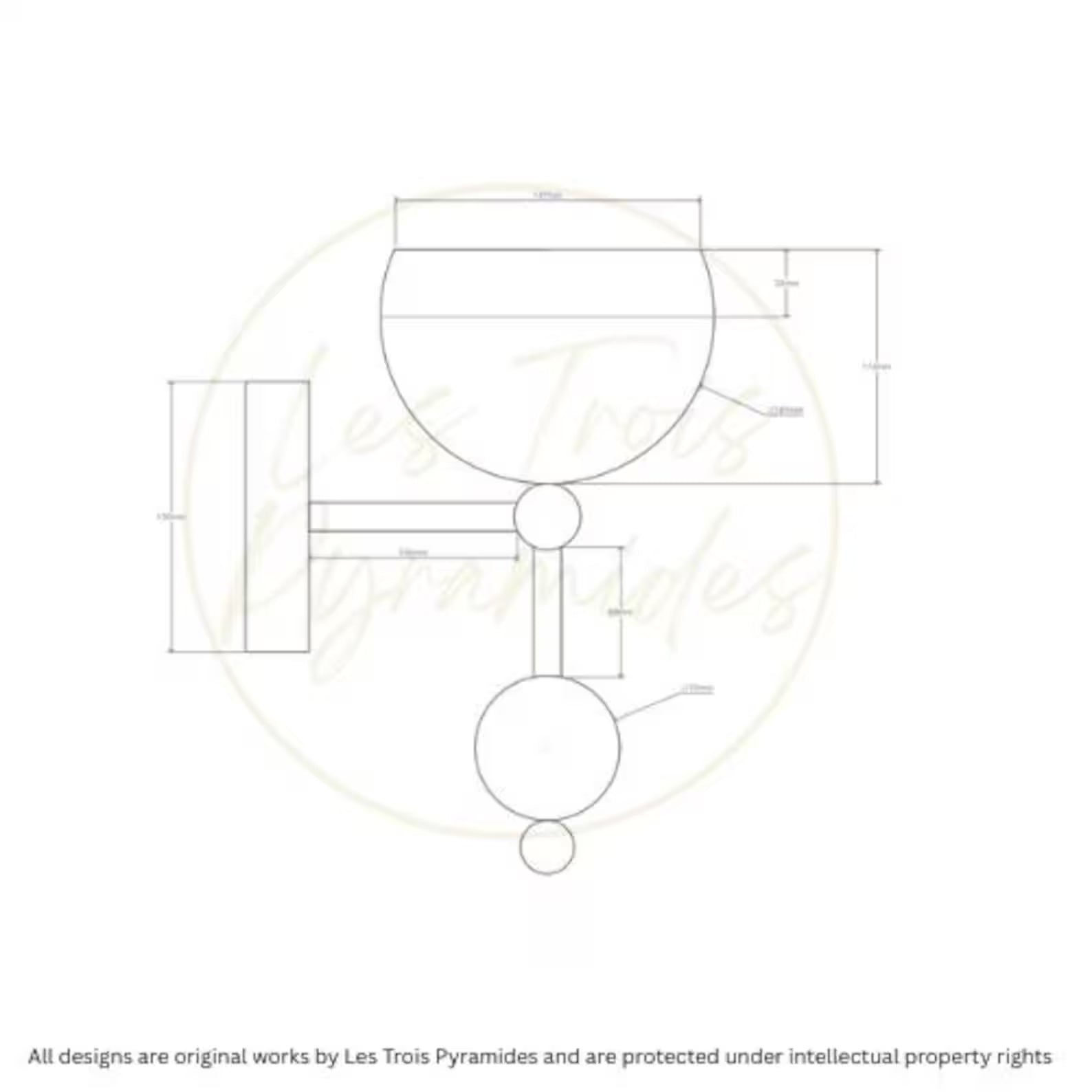 Technical drawing of a circular design with geometric shapes and 'Les Trois Pyramides' branding.