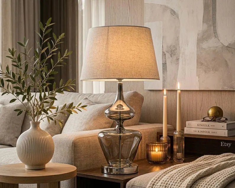 Smoke Glass Table Lamp, Modern Blown Glass Lamp, Handmade Bedside Lamp, Gray Glass Table Light, Living Room Lighting  | Les Trois Pyramides