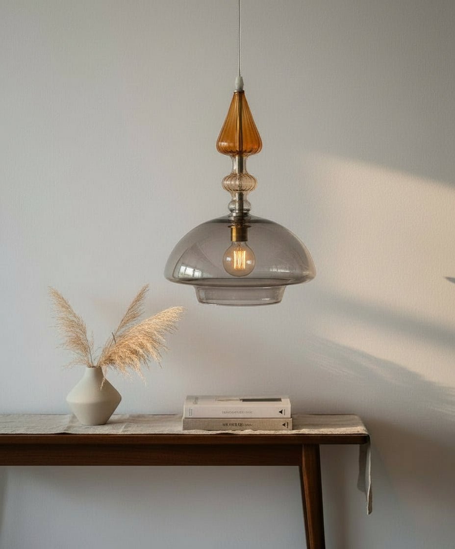 Smoked Glass Pendant Light with Amber Glass Crown