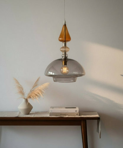 Smoked Glass Pendant Light with Amber Glass Crown