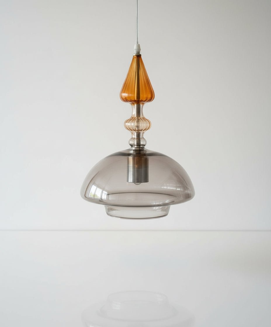 Smoked Glass Pendant Light with Amber Glass Crown
