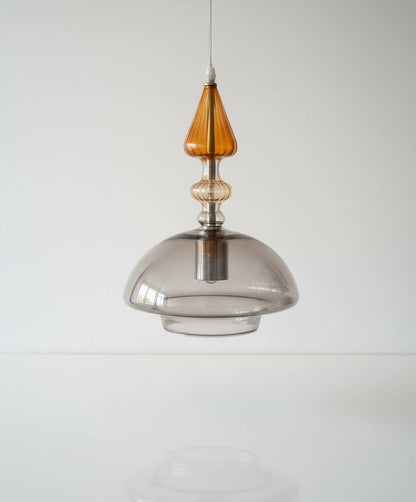 Smoked Glass Pendant Light with Amber Glass Crown