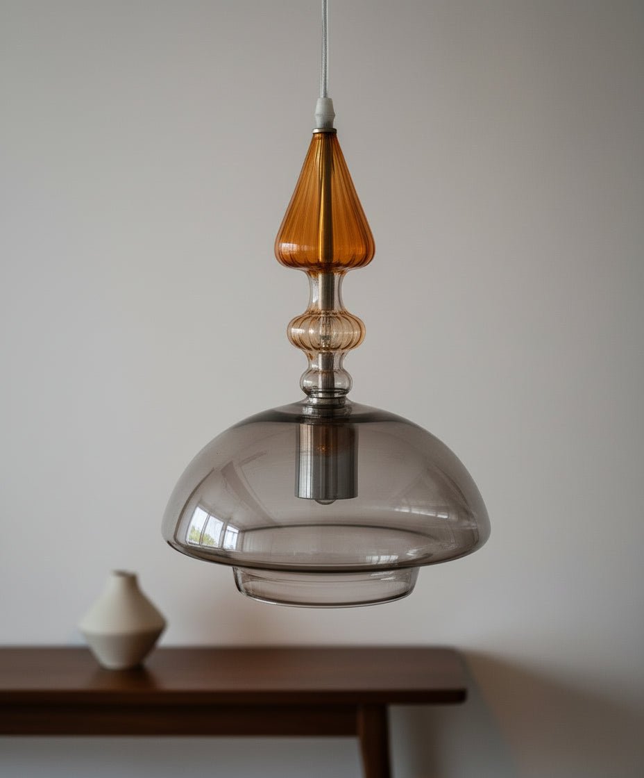 Smoked Glass Pendant Light with Amber Glass Crown
