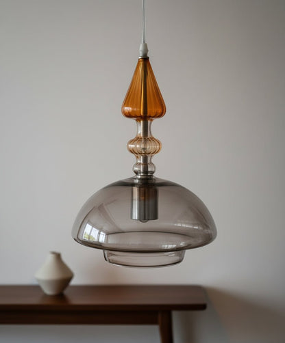Smoked Glass Pendant Light with Amber Glass Crown