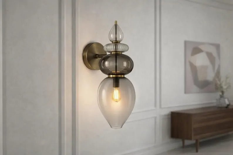 Smoked Glass Wall Sconce – Bathroom Vanity Lighting, Bedside Wall Lamp Installation, Modern Indoor Wall Light – Mid Century Modern Lighting | Les Trois Pyramides