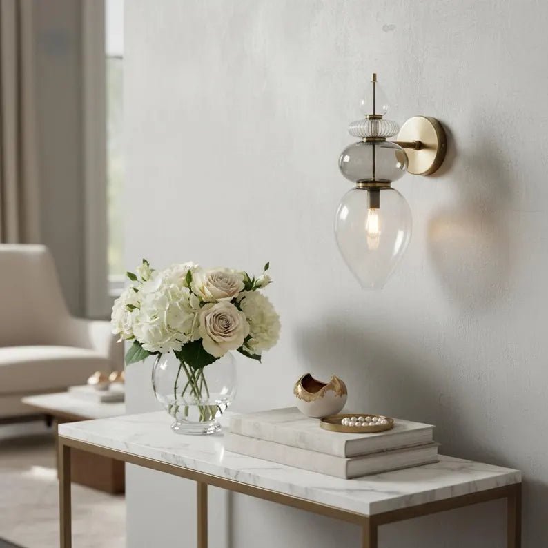 Smoked Glass Wall Sconce – Bathroom Vanity Lighting, Bedside Wall Lamp Installation, Modern Indoor Wall Light – Mid Century Modern Lighting | Les Trois Pyramides