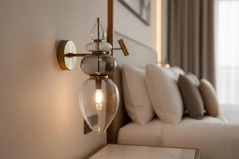 Smoked Glass Wall Sconce – Bathroom Vanity Lighting, Bedside Wall Lamp Installation, Modern Indoor Wall Light – Mid Century Modern Lighting | Les Trois Pyramides