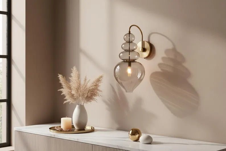 Smoked Glass Wall Sconce – Bathroom Vanity Lighting, Bedside Wall Lamp Installation, Modern Indoor Wall Light  Les Trois Pyramides