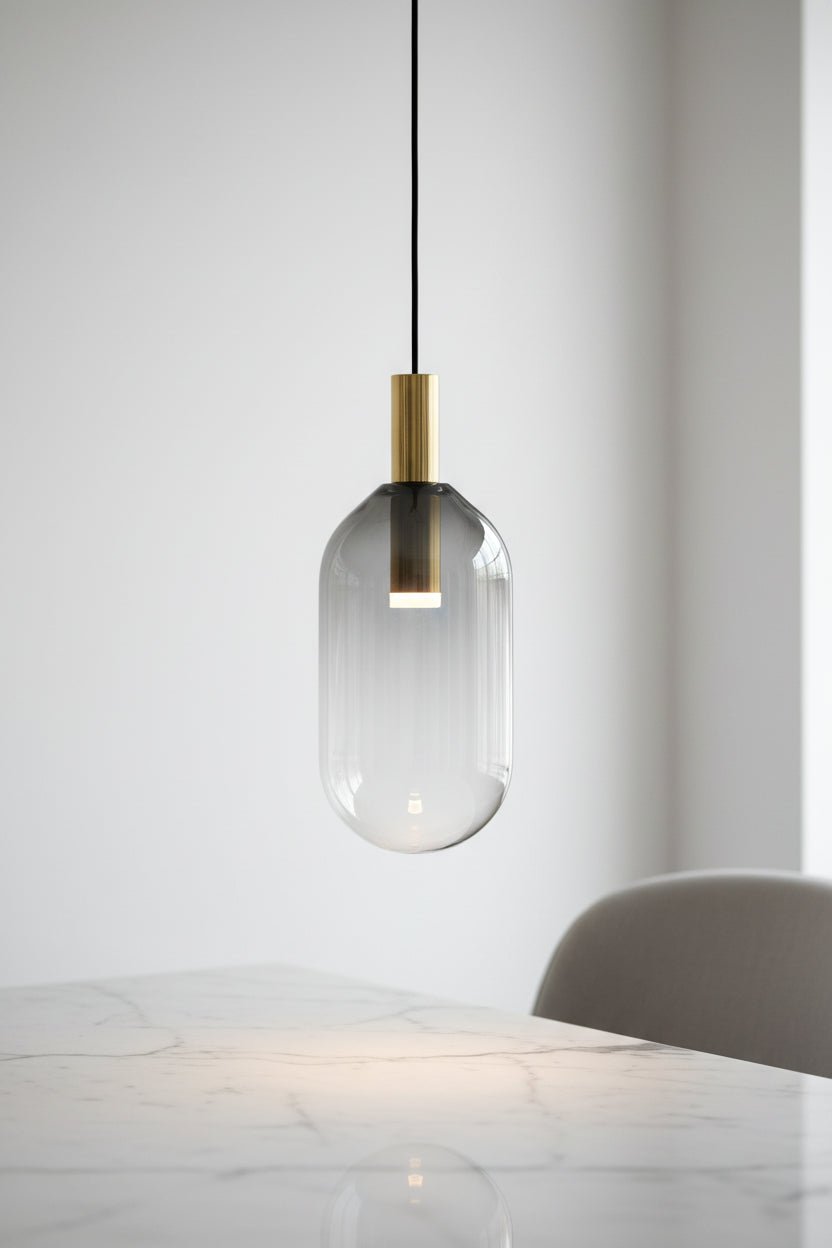 Smokey Glass Pendant Light with Brass Detail – Hand-Blown Modern Ceiling Fixture