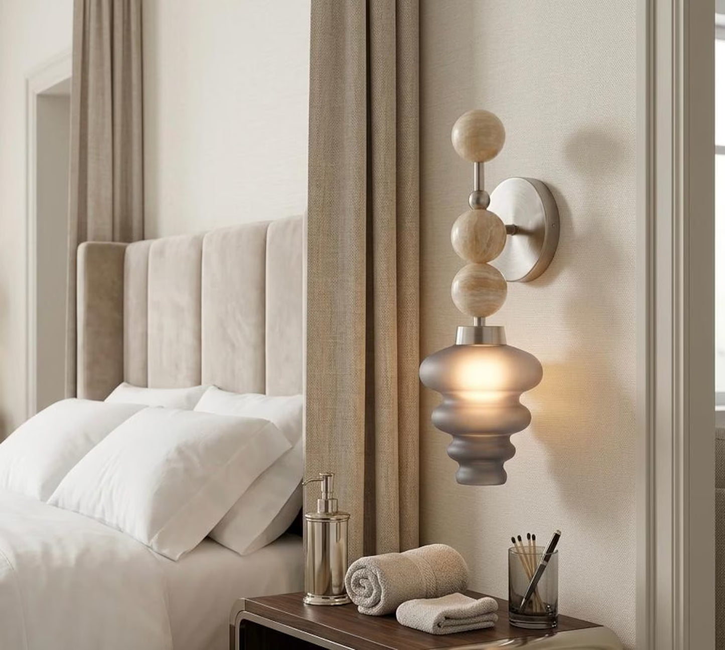 Handmade Onyx and smokey grey Frosted Glass wall sconce - Brass Finish Light Fixture - Artisan Wall Lighting | Les Trois Pyramides