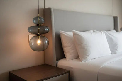 Glass Pendant Light, Bedside Hanging Light, Modern Glass Lamp, Blue Blown Glass Lighting, Bedroom Pendant, Minimal Ceiling Light | Les Trois Pyramides