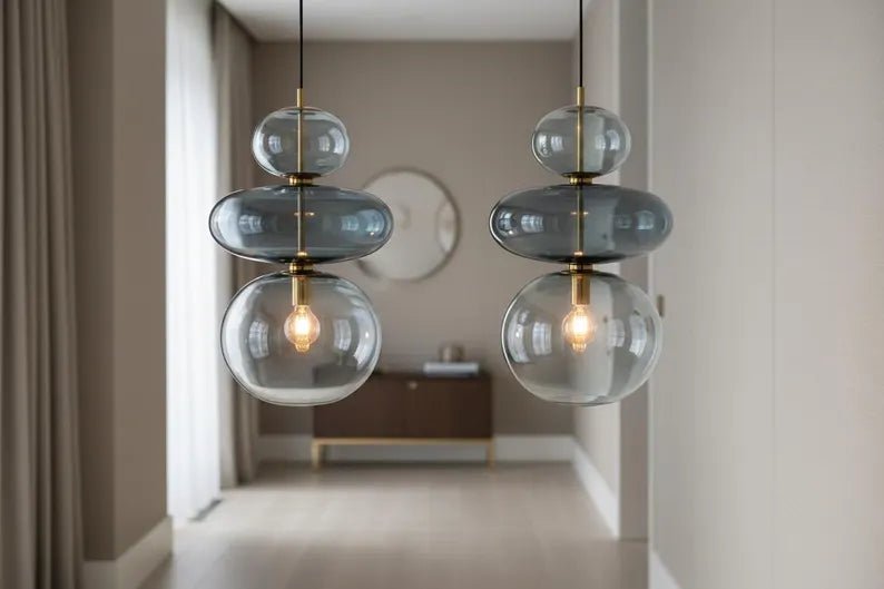 Glass Pendant Light, Bedside Hanging Light, Modern Glass Lamp, Blue Blown Glass Lighting, Bedroom Pendant, Minimal Ceiling Light | Les Trois Pyramides
