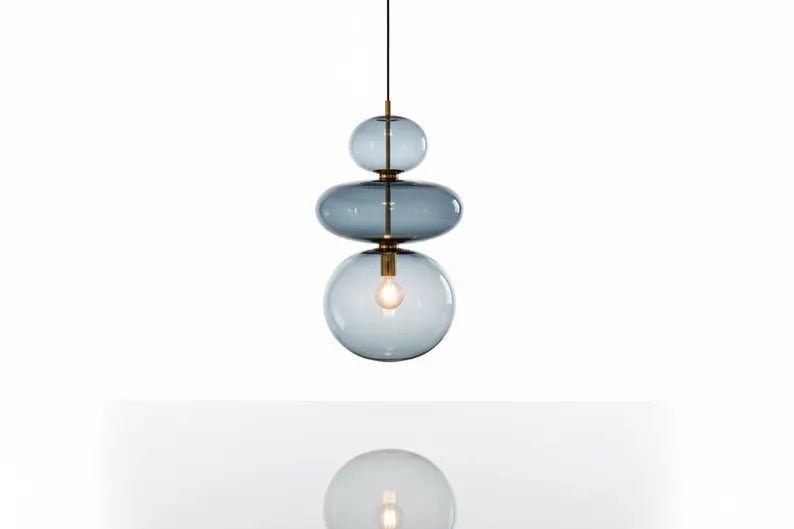 Glass Pendant Light, Bedside Hanging Light, Modern Glass Lamp, Blue Blown Glass Lighting, Bedroom Pendant, Minimal Ceiling Light | Les Trois Pyramides