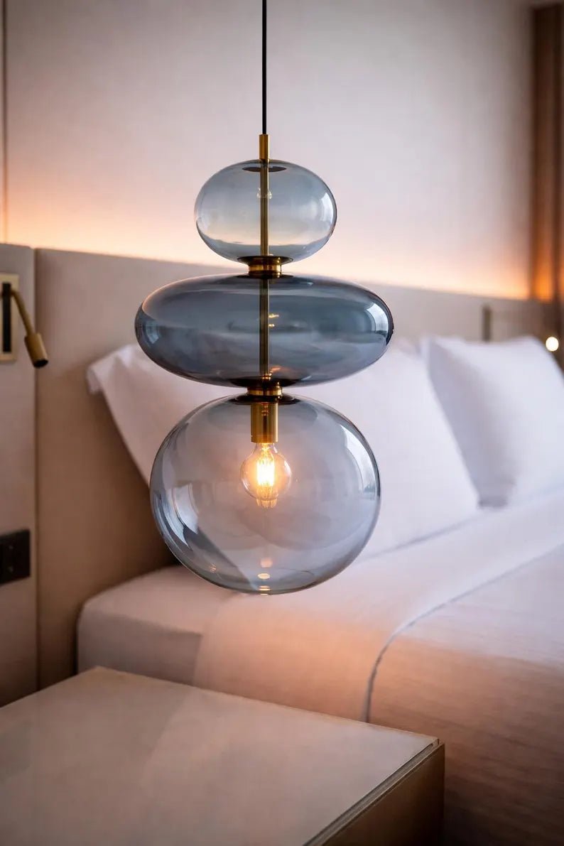 Glass Pendant Light, Bedside Hanging Light, Modern Glass Lamp, Blue Blown Glass Lighting, Bedroom Pendant, Minimal Ceiling Light | Les Trois Pyramides