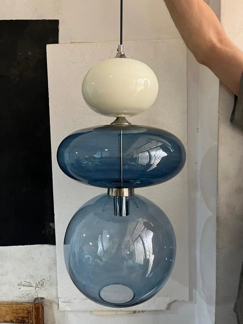 Glass Pendant Light, Bedside Hanging Light, Modern Glass Lamp, Blue Blown Glass Lighting, Bedroom Pendant, Minimal Ceiling Light | Les Trois Pyramides