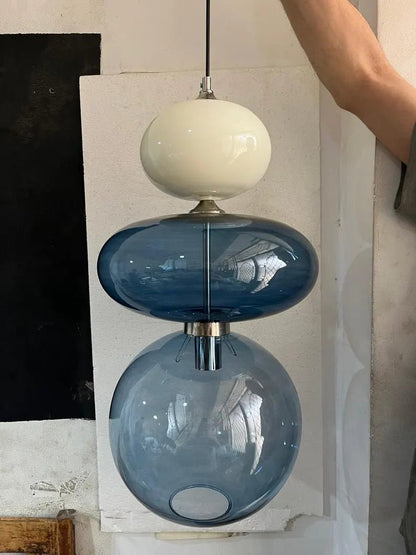 Glass Pendant Light, Bedside Hanging Light, Modern Glass Lamp, Blue Blown Glass Lighting, Bedroom Pendant, Minimal Ceiling Light | Les Trois Pyramides