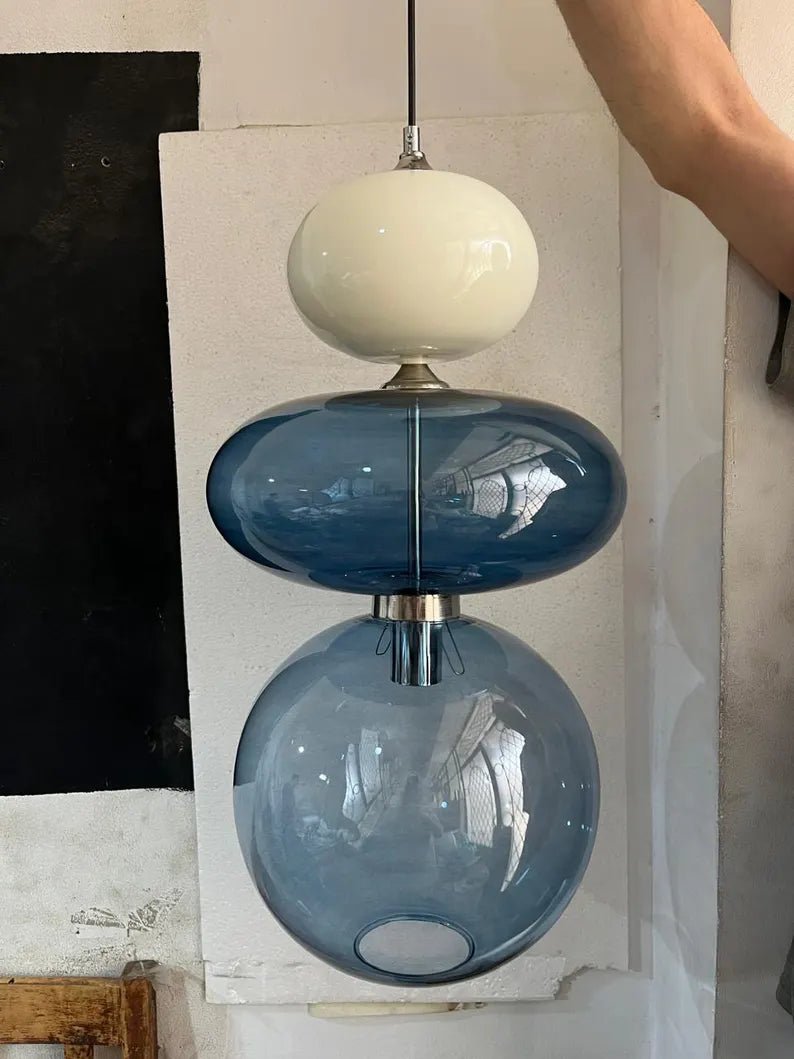 Glass Pendant Light, Bedside Hanging Light, Modern Glass Lamp, Blue Blown Glass Lighting, Bedroom Pendant, Minimal Ceiling Light | Les Trois Pyramides