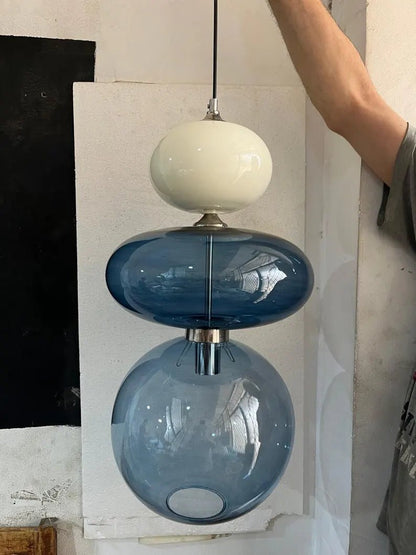 Glass Pendant Light, Bedside Hanging Light, Modern Glass Lamp, Blue Blown Glass Lighting, Bedroom Pendant, Minimal Ceiling Light | Les Trois Pyramides
