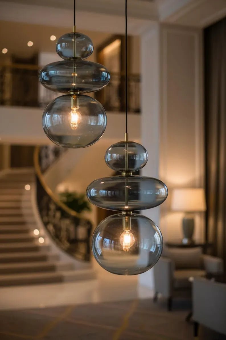 Glass Pendant Light, Bedside Hanging Light, Modern Glass Lamp, Blue Blown Glass Lighting, Bedroom Pendant, Minimal Ceiling Light | Les Trois Pyramides