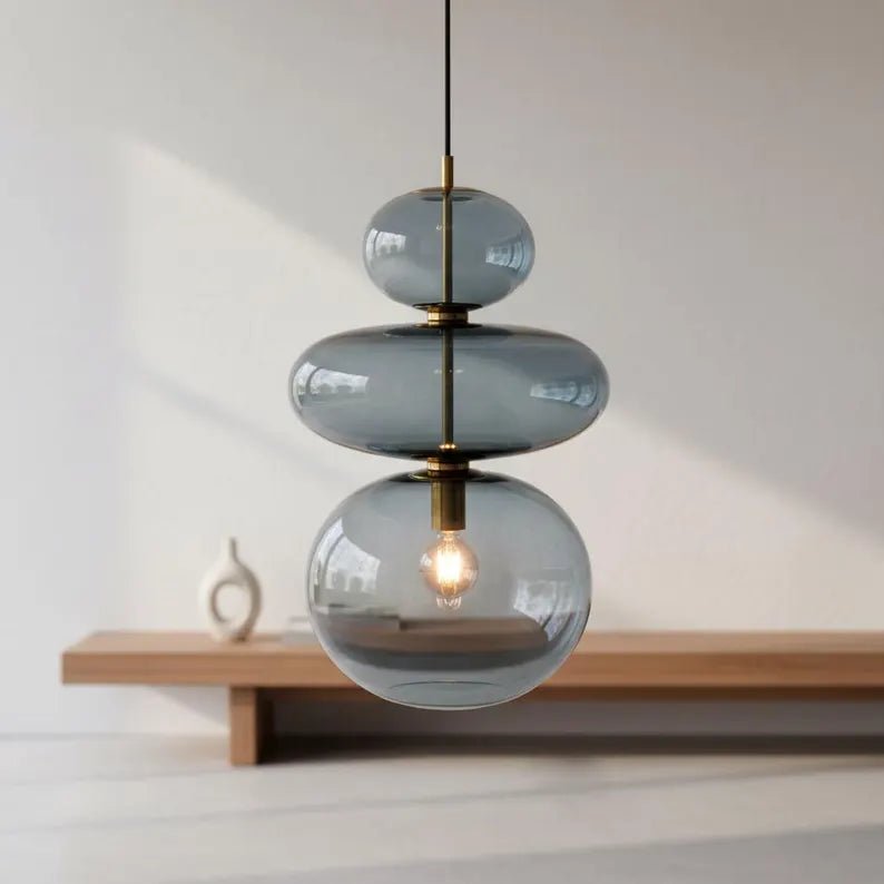 Glass Pendant Light, Bedside Hanging Light, Modern Glass Lamp, Blue Blown Glass Lighting, Bedroom Pendant, Minimal Ceiling Light | Les Trois Pyramides