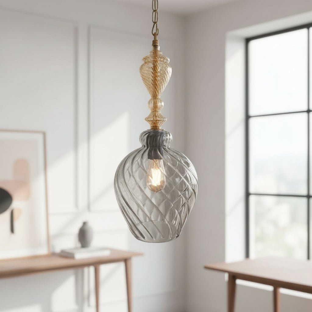 Smoky Twisted Glass Pendant Light with Soft Gold Ribbed Stem - Artisanal Lighting