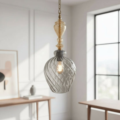 Smoky Twisted Glass Pendant Light with Soft Gold Ribbed Stem - Artisanal Lighting