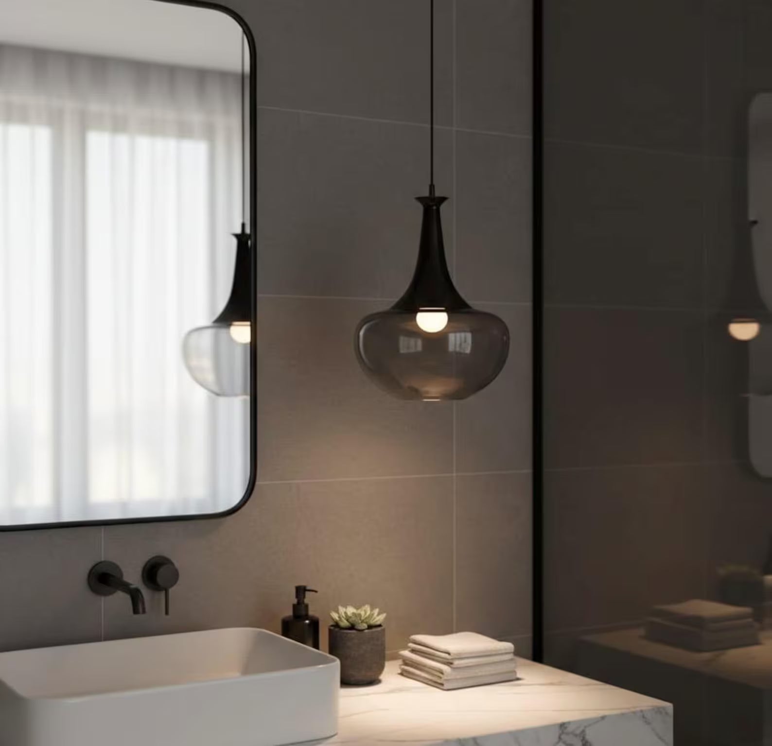 Smoky Glass Bottle Pendant Light for bathroom– Hand-Blown Modern Glass Lighting
| Les Trois Pyramides.