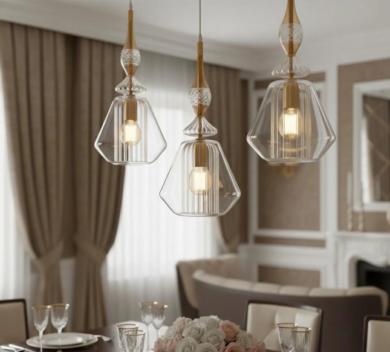 Dining room with pendant lights hanging above a table.