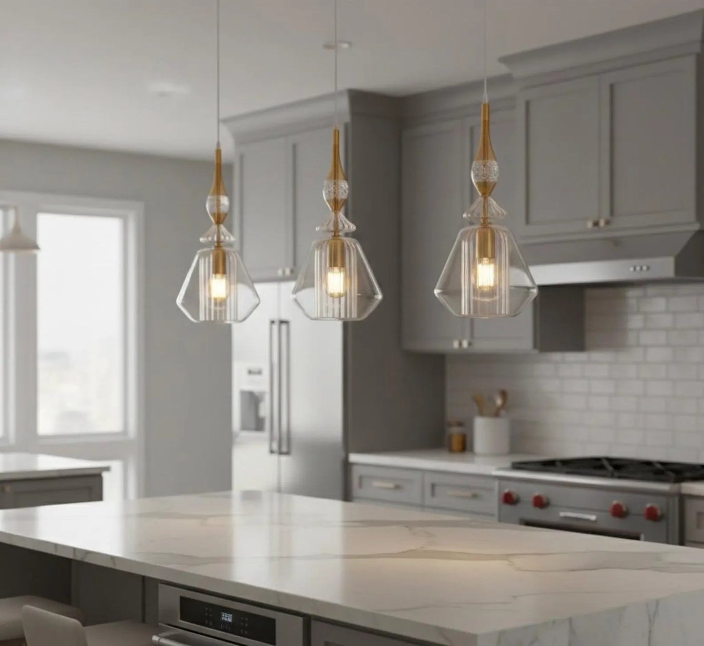 Soft Gold Ribbed Glass Pendant Light – Handcrafted Brass Ceiling Lamp for Kitchen Island