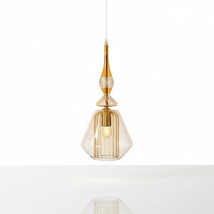 Soft Gold Ribbed Glass Pendant Light – Handcrafted Brass Ceiling Lamp for Kitchen Island