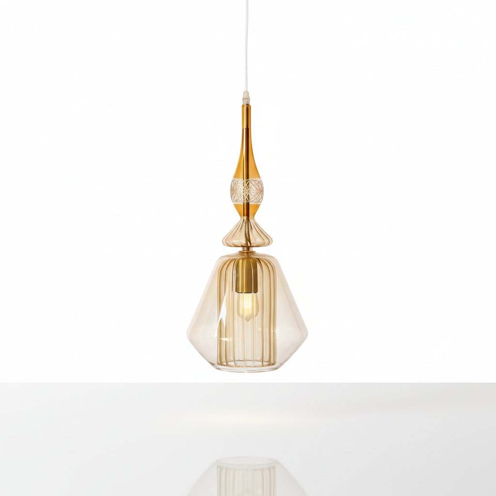 Soft Gold Ribbed Glass Pendant Light – Handcrafted Brass Ceiling Lamp for Kitchen Island