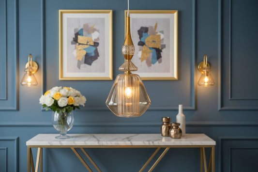 Soft Gold Ribbed Glass Pendant Light – Handcrafted Brass Ceiling Lamp for Kitchen Island