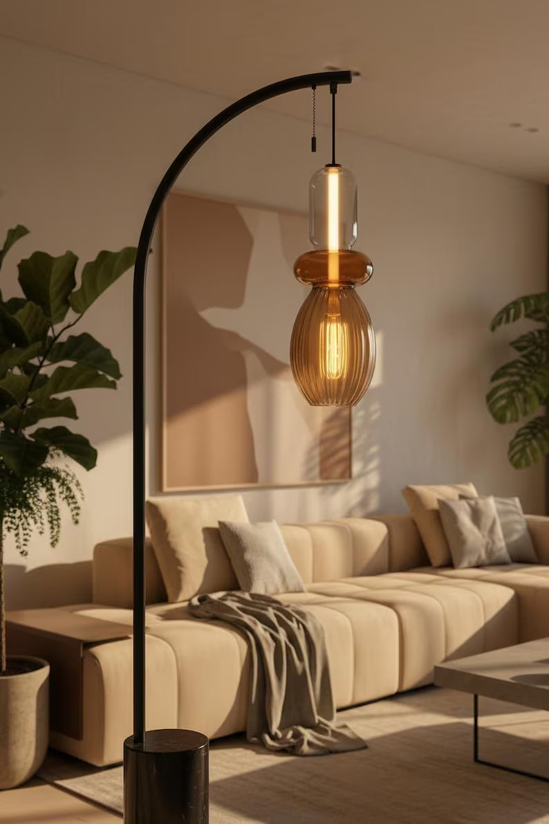 Amber Glass Floor Lamp with Marble Base | Handmade Arc Standing Lamp | Modern Living Room Lighting | Bedside Lamp | Warm Ambient Light  Les Trois Pyramides
