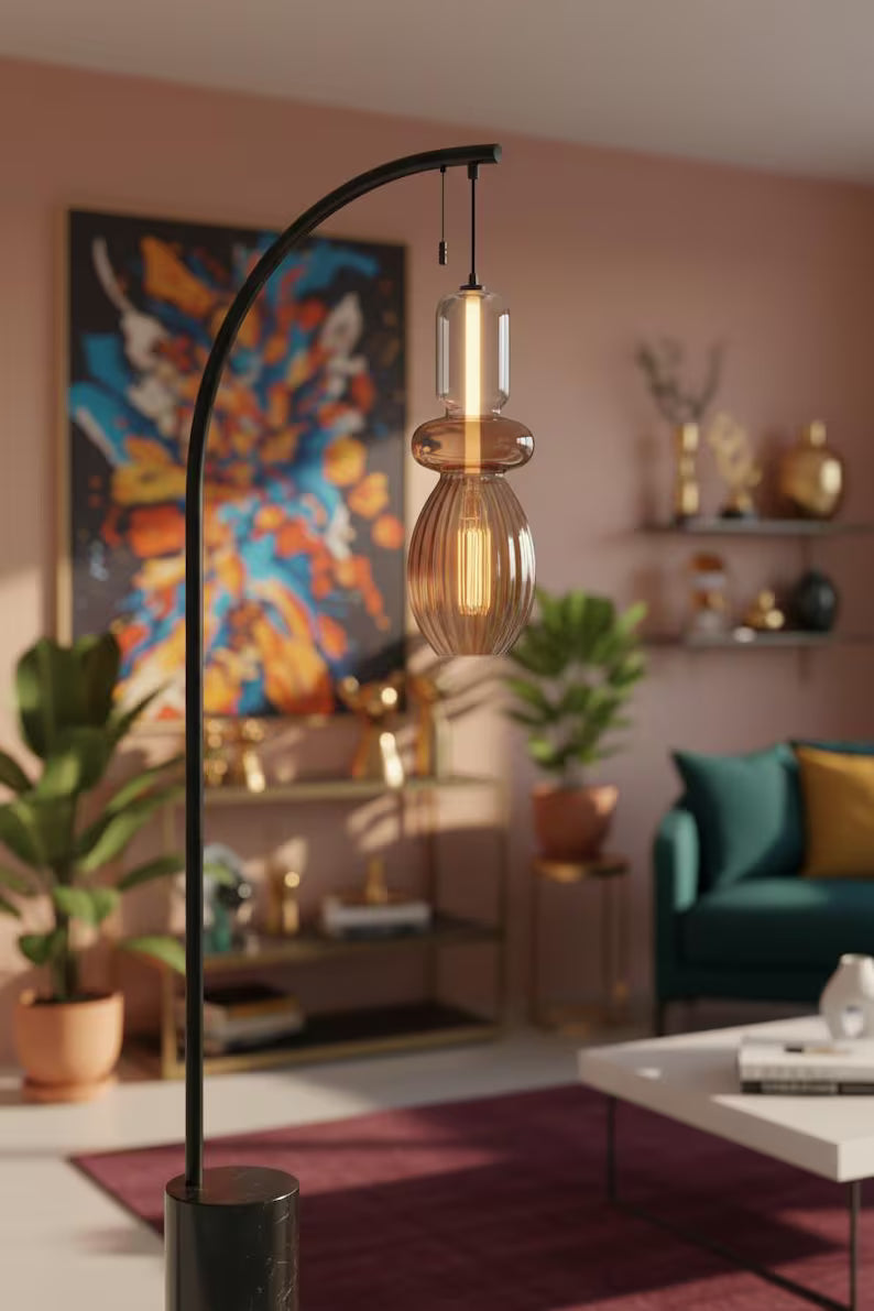 Amber Glass Floor Lamp with Marble Base | Handmade Arc Standing Lamp | Modern Living Room Lighting | Bedside Lamp | Warm Ambient Light  Les Trois Pyramides