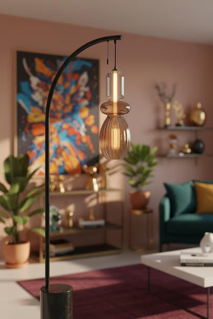 Amber Glass Floor Lamp with Marble Base | Handmade Arc Standing Lamp | Modern Living Room Lighting | Bedside Lamp | Warm Ambient Light  Les Trois Pyramides