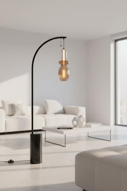Amber Glass Floor Lamp with Marble Base | Handmade Arc Standing Lamp | Modern Living Room Lighting | Bedside Lamp | Warm Ambient Light  Les Trois Pyramides