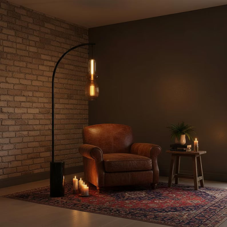 Amber Glass Floor Lamp with Marble Base | Handmade Arc Standing Lamp | Modern Living Room Lighting | Bedside Lamp | Warm Ambient Light  Les Trois Pyramides