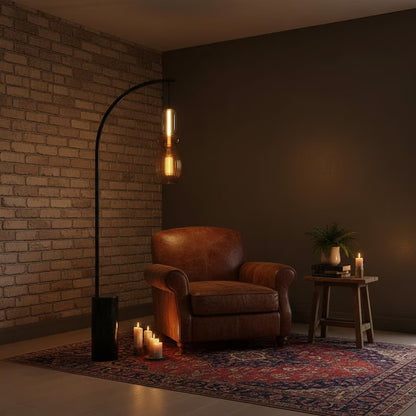 Amber Glass Floor Lamp with Marble Base | Handmade Arc Standing Lamp | Modern Living Room Lighting | Bedside Lamp | Warm Ambient Light  Les Trois Pyramides