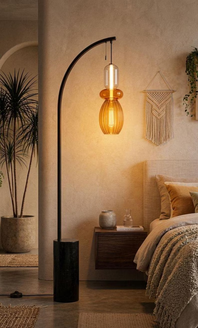 Amber Glass Floor Lamp with Marble Base | Handmade Arc Standing Lamp | Modern Living Room Lighting | Bedside Lamp | Warm Ambient Light  Les Trois Pyramides