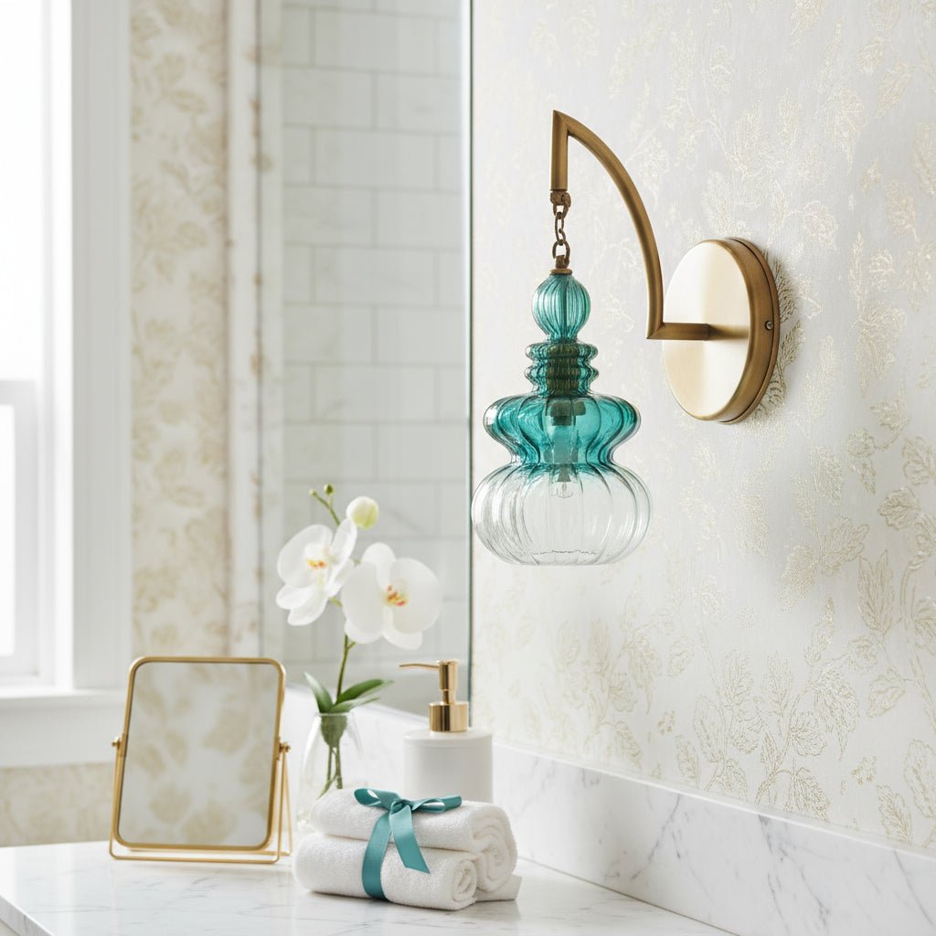 Teal Glass Bathroom Wall Light – Handmade Brass Wall Sconce for Vanity