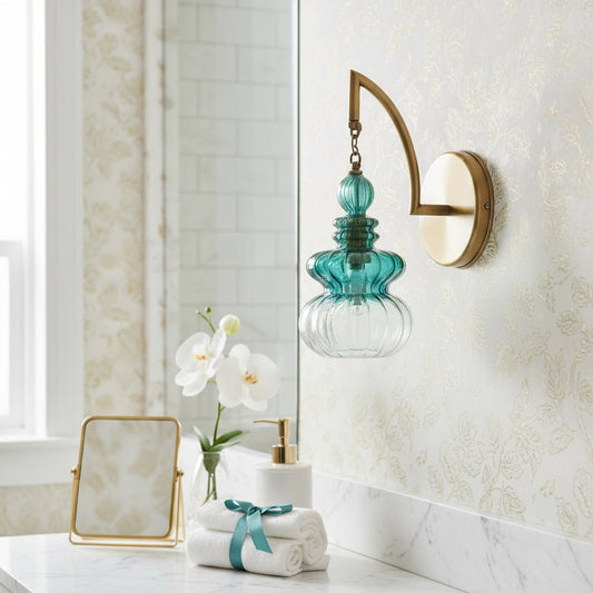 Teal Glass Bathroom Wall Light – Handmade Brass Wall Sconce for Vanity