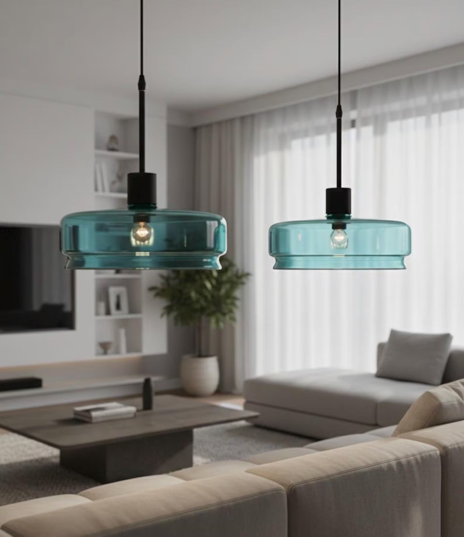 Teal Glass Pendant Light – Artisan Blown Glass Hanging Fixture  – Les Trois Pyramides.