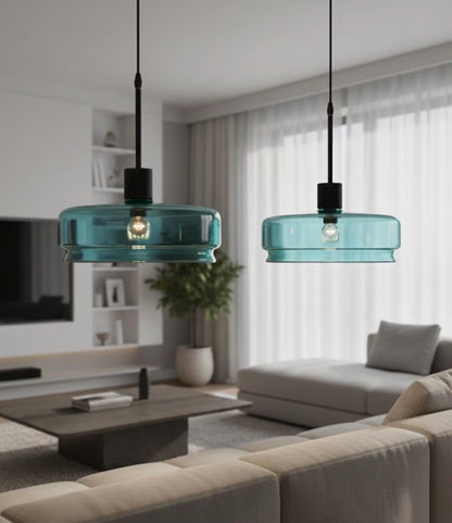 Teal Glass Pendant Light – Artisan Blown Glass Hanging Fixture  – Les Trois Pyramides.